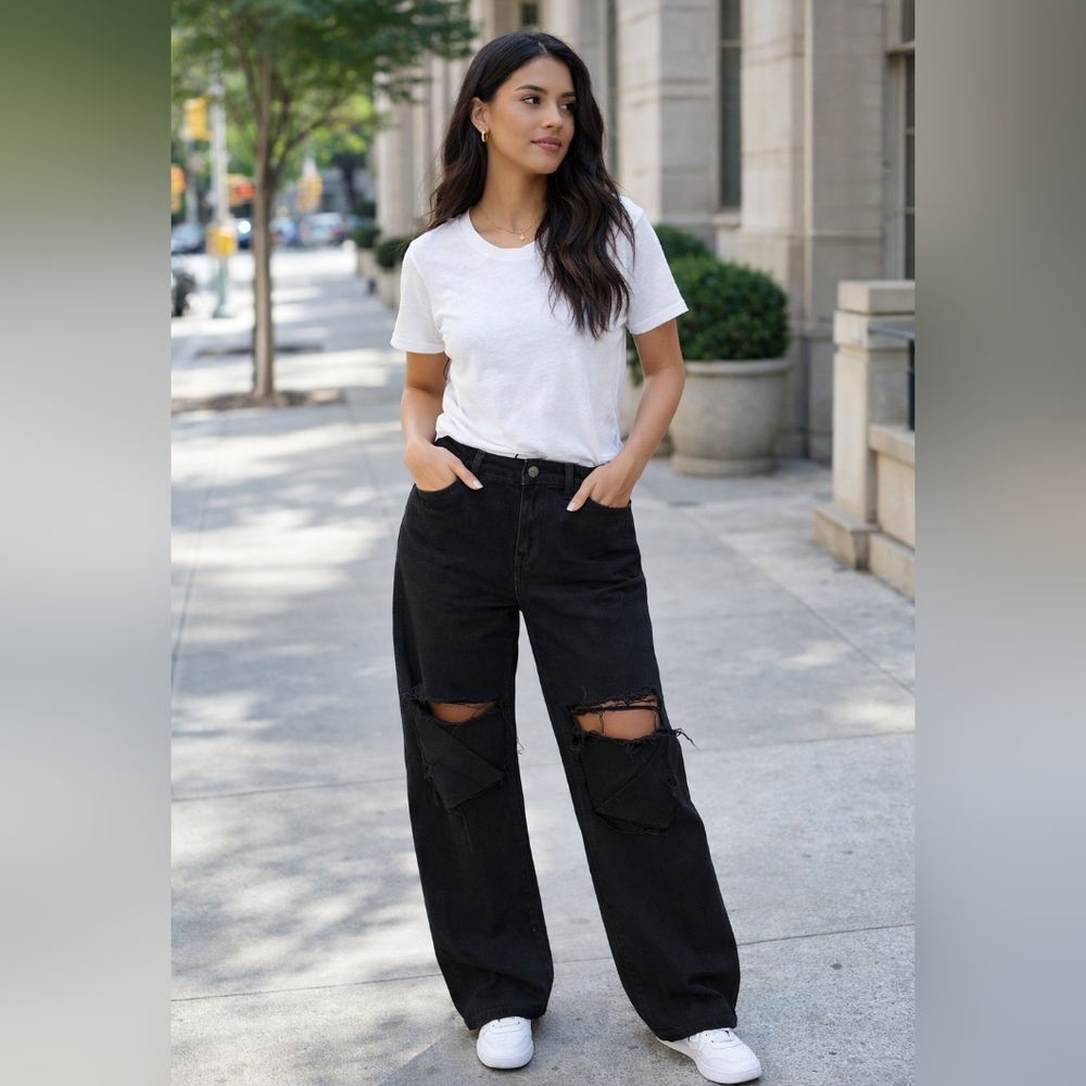 HIDDEN High-Rise Black Wide Leg Jeans with Knee Distress